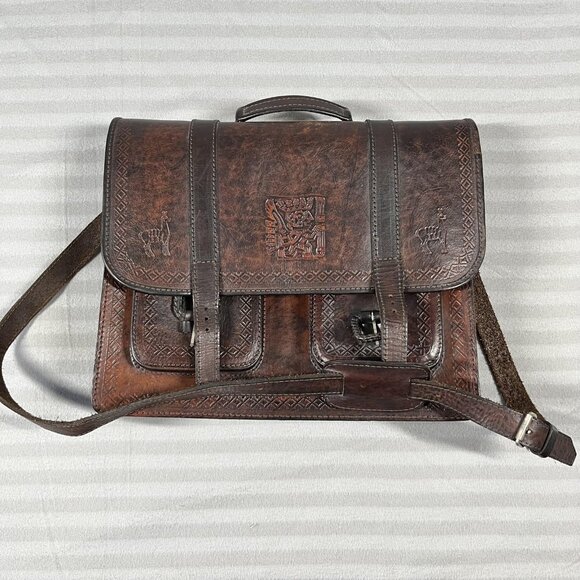 Handbags - Vintage Tooled Leather Satchel Messenger Bag Llama Motif Brown Peru Andean Art